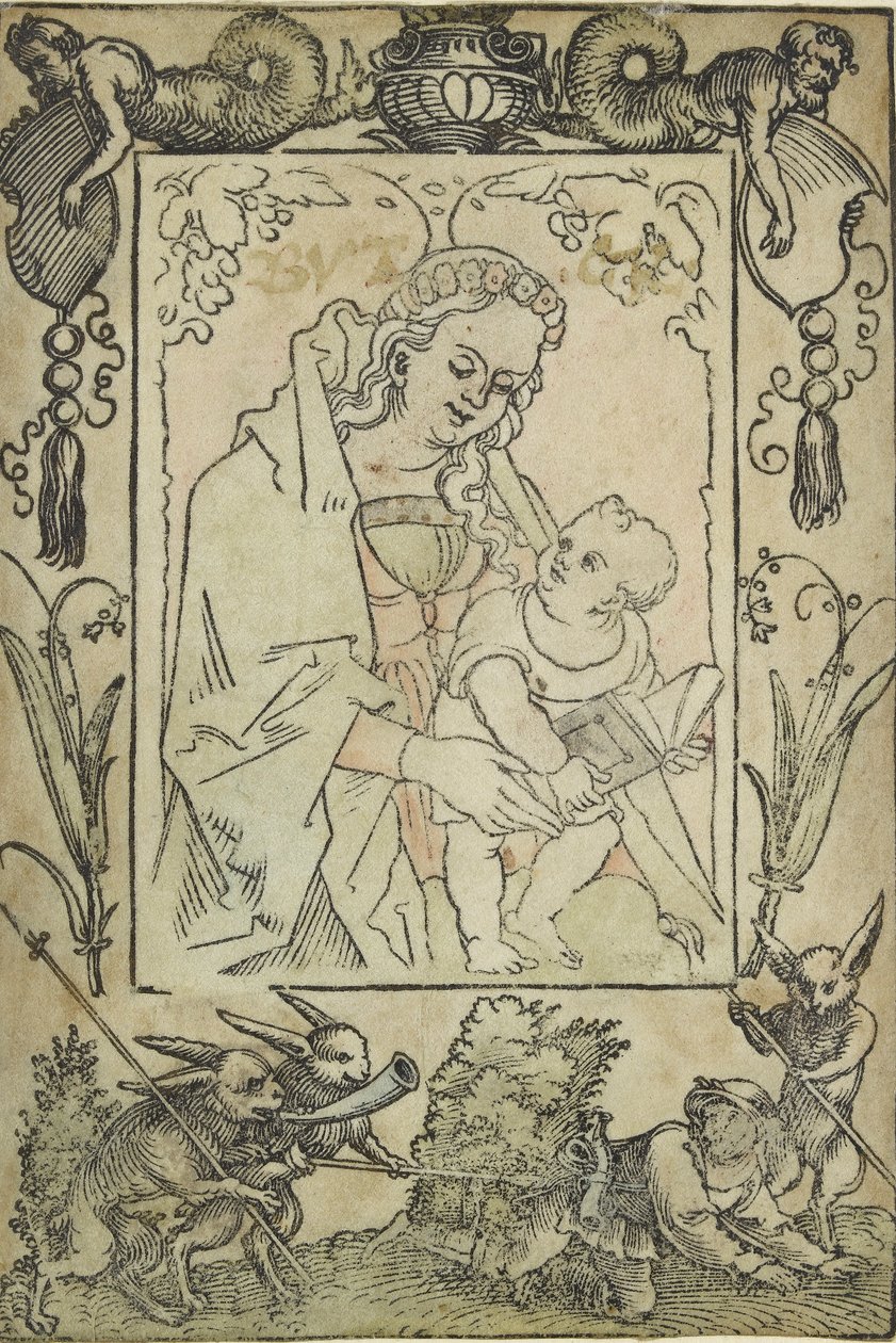 Jomfruen og barnet omgivet af en grænse med en jæger og nogle kaniner, 1500-tallet af Sebald Beham