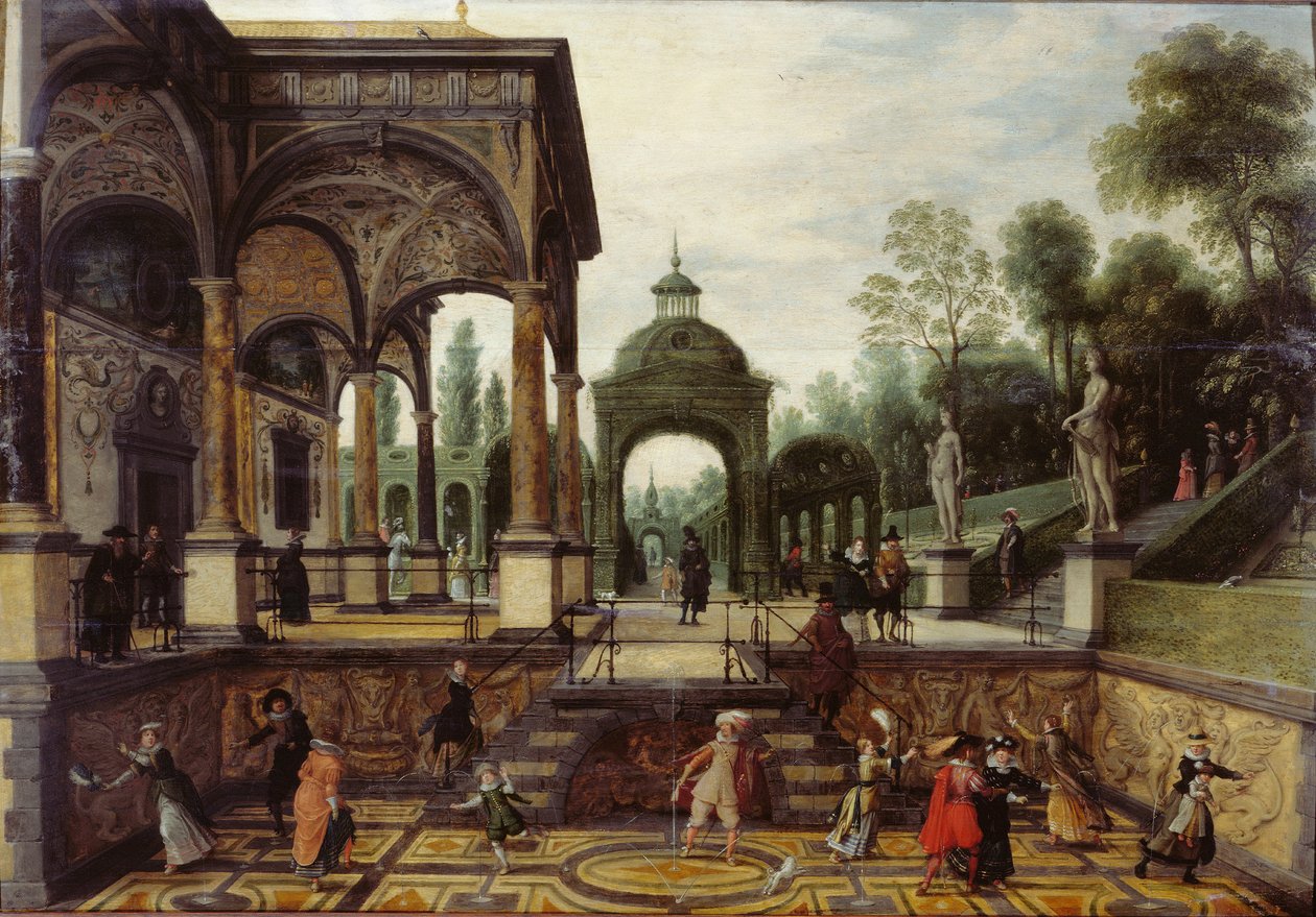 Italiensk have med galleri og figurer, første tredjedel af 1600-tallet.. af Sebastiaen Vrancx