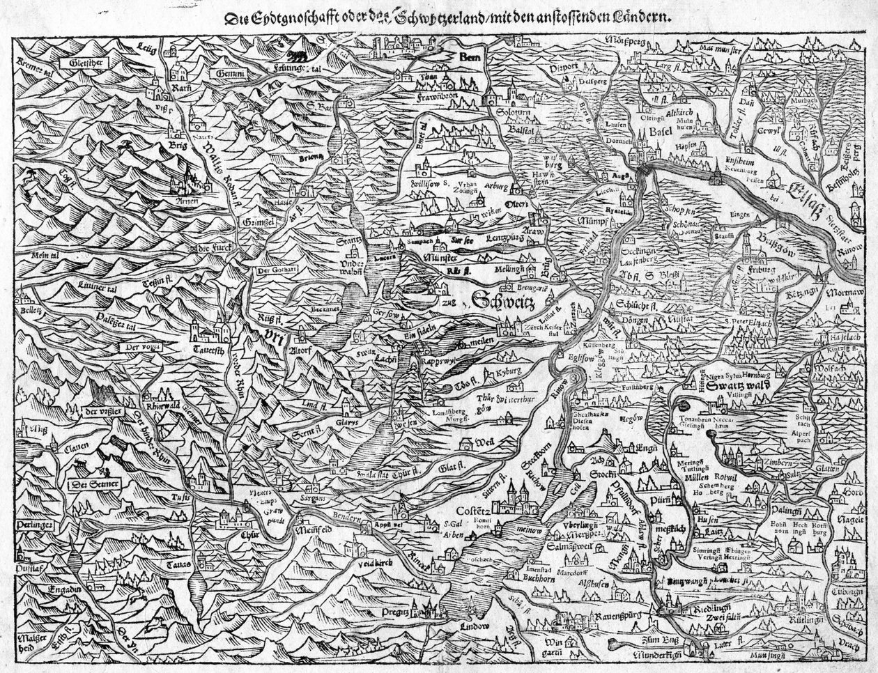 Gammelt kort over Schweiz af Sebastian Münster, 1550 af Sebastian Munster