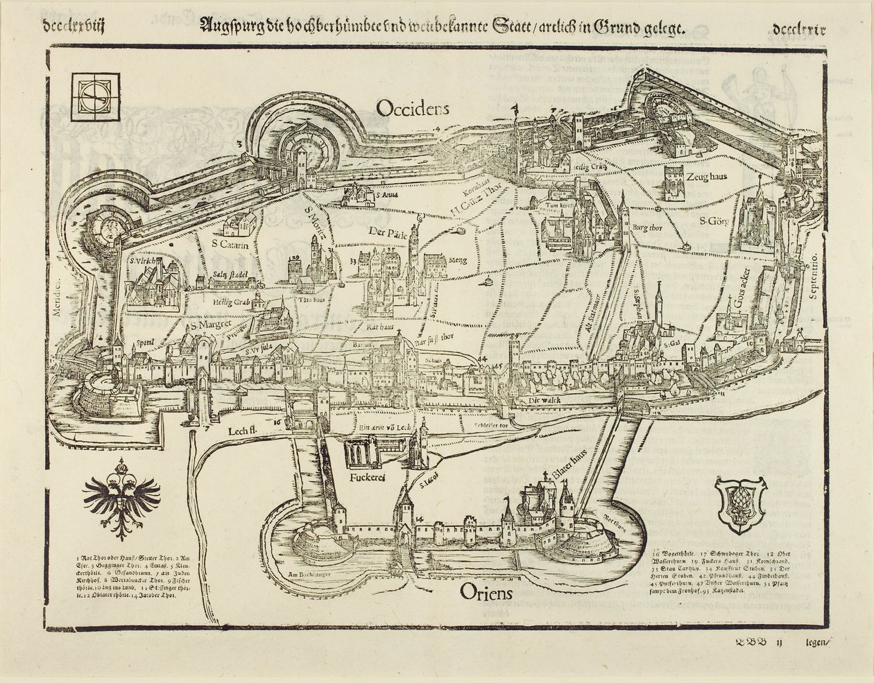 Plan over Augsburg, fra "Cosmographia", 1544 (træsnit på papir) af Sebastian Munster
