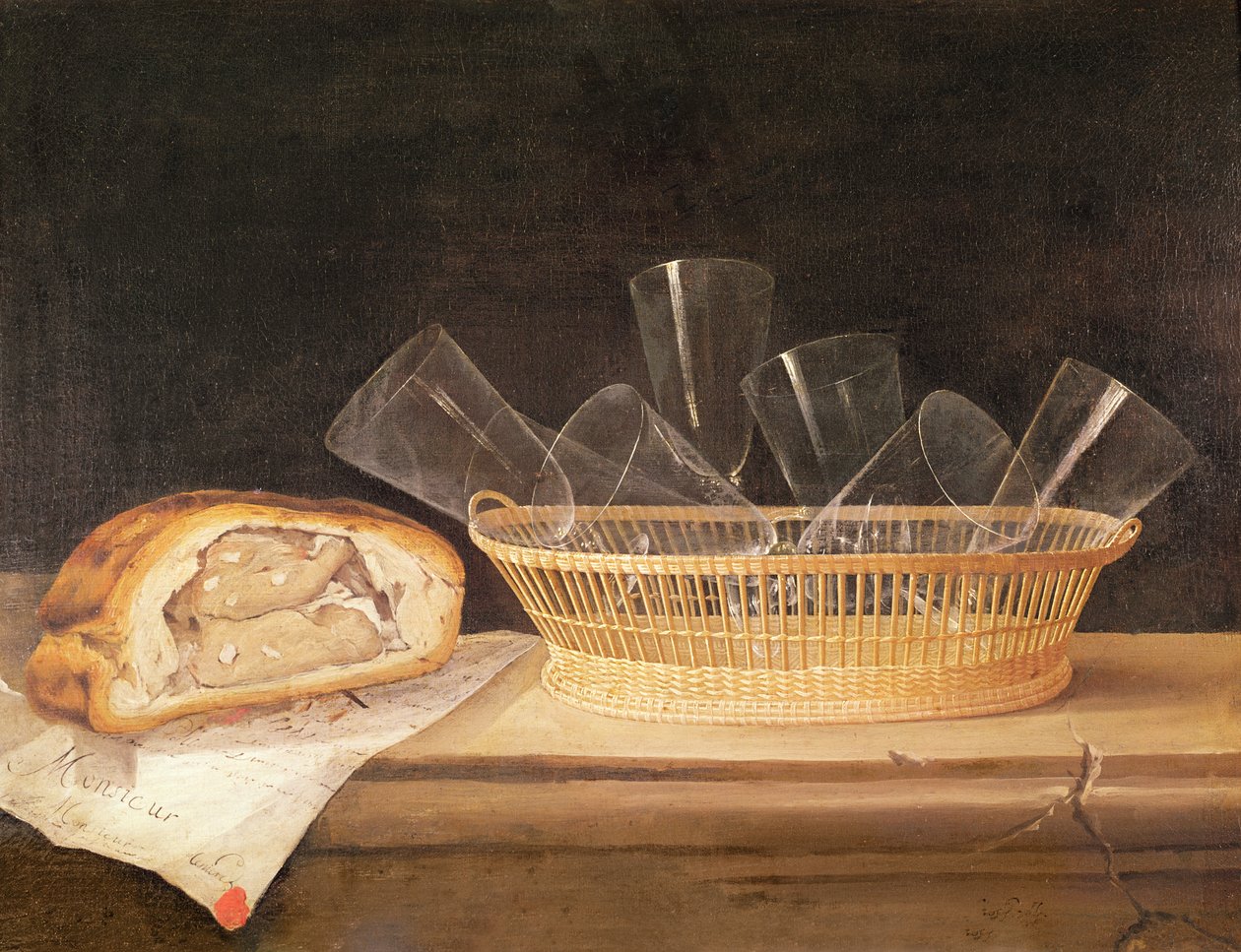 Kurv med glas og en kødtærte, før 1630 af Sebastian Stoskopff