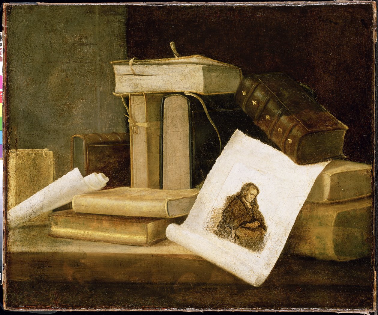 Stilleben af bøger og en Rembrandt-gravering af Sebastian Stoskopff