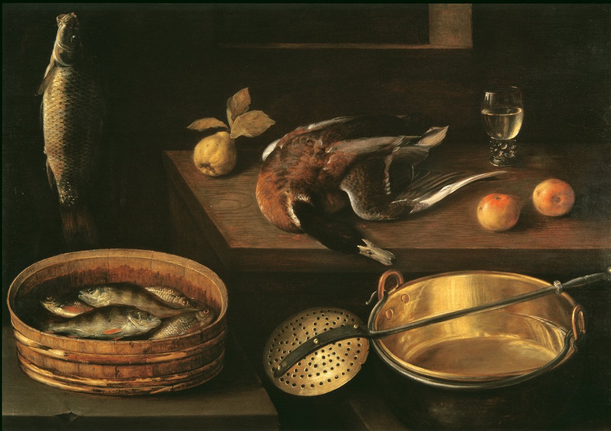 Stilleben med fisk og en and af Sebastian Stoskopff