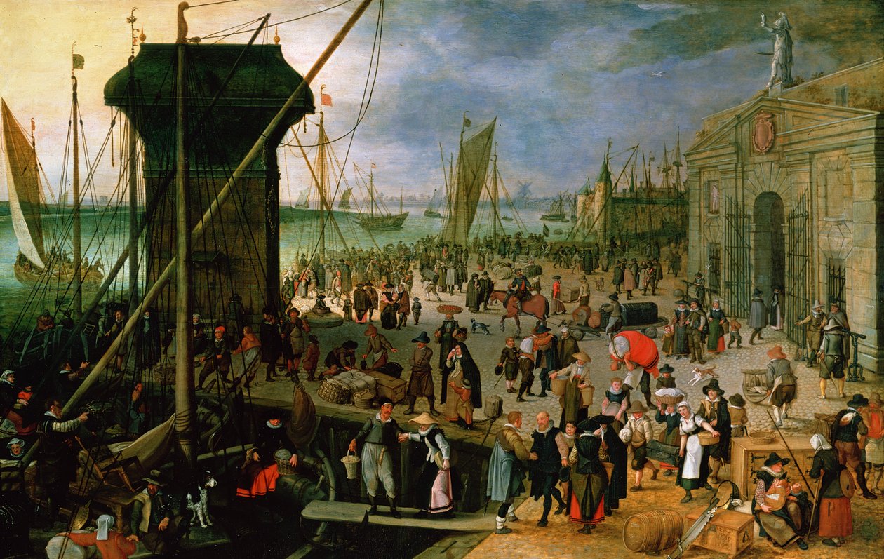 Udsigt over Antwerpens havn med Kraanenhoofd og Werf-porten, 1608 af Sebastian Vrancx