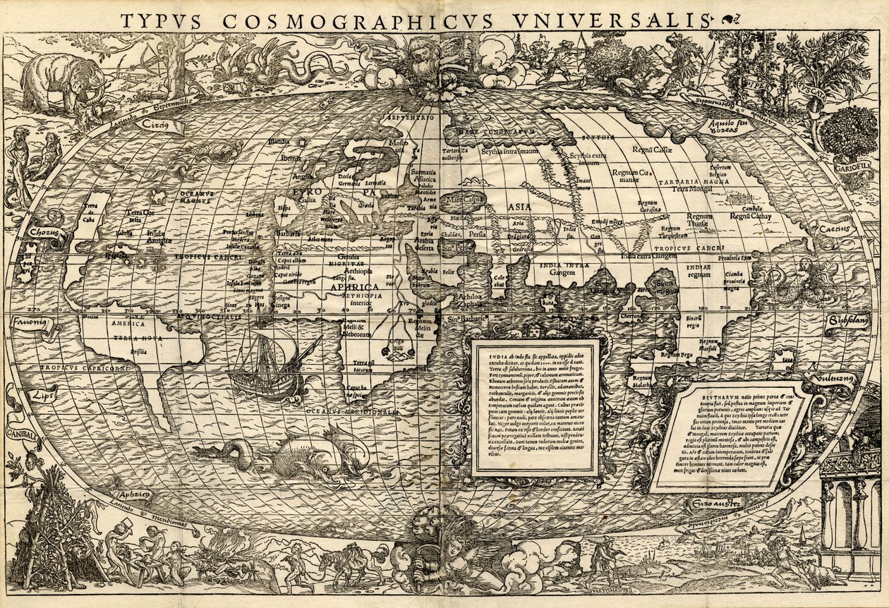 Typus Cosmographicus Universalis (Verdenskort), ca. 1532 (træsnit) af Sebastian & Holbein Hans the Younger Münster