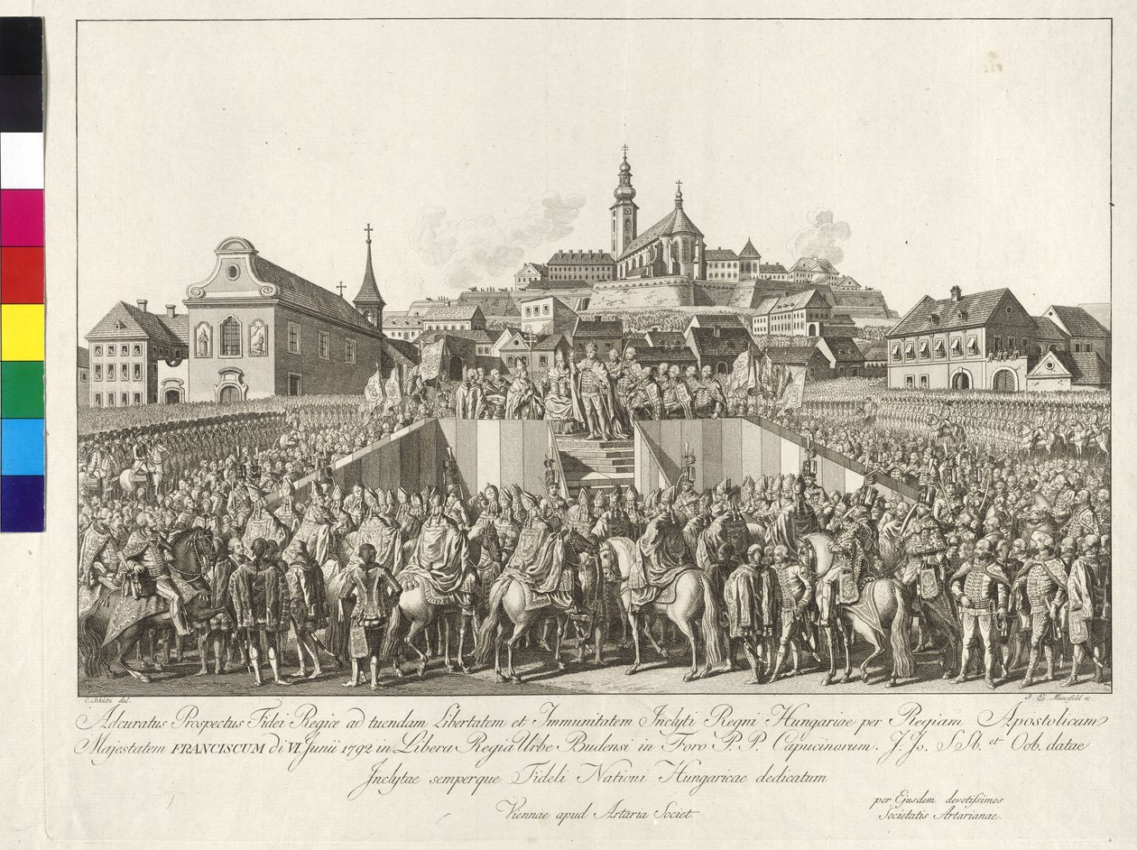 Kroning af kejser Franz II til kongen af Ungarn i Budapest den 6. juni 1792 (kobberstik) af Sebastian Mansfeld