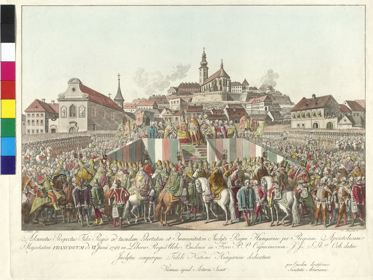 Kroning af kejser Franz II til kongen af Ungarn i Budapest den 6. juni 1792 (kobberstik) af Sebastian Mansfeld