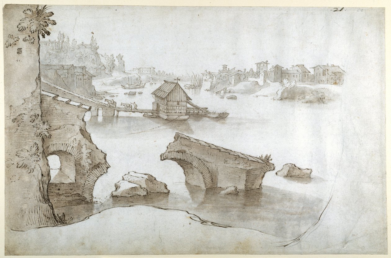 Udsigt over Tiberen med ruinerne af Ponte Rotto (over Aventine), Marmorata og Ripa Grande (pen og brunt blæk med brune og grå vaske på hvidt papir) af Sebastian Vrancx