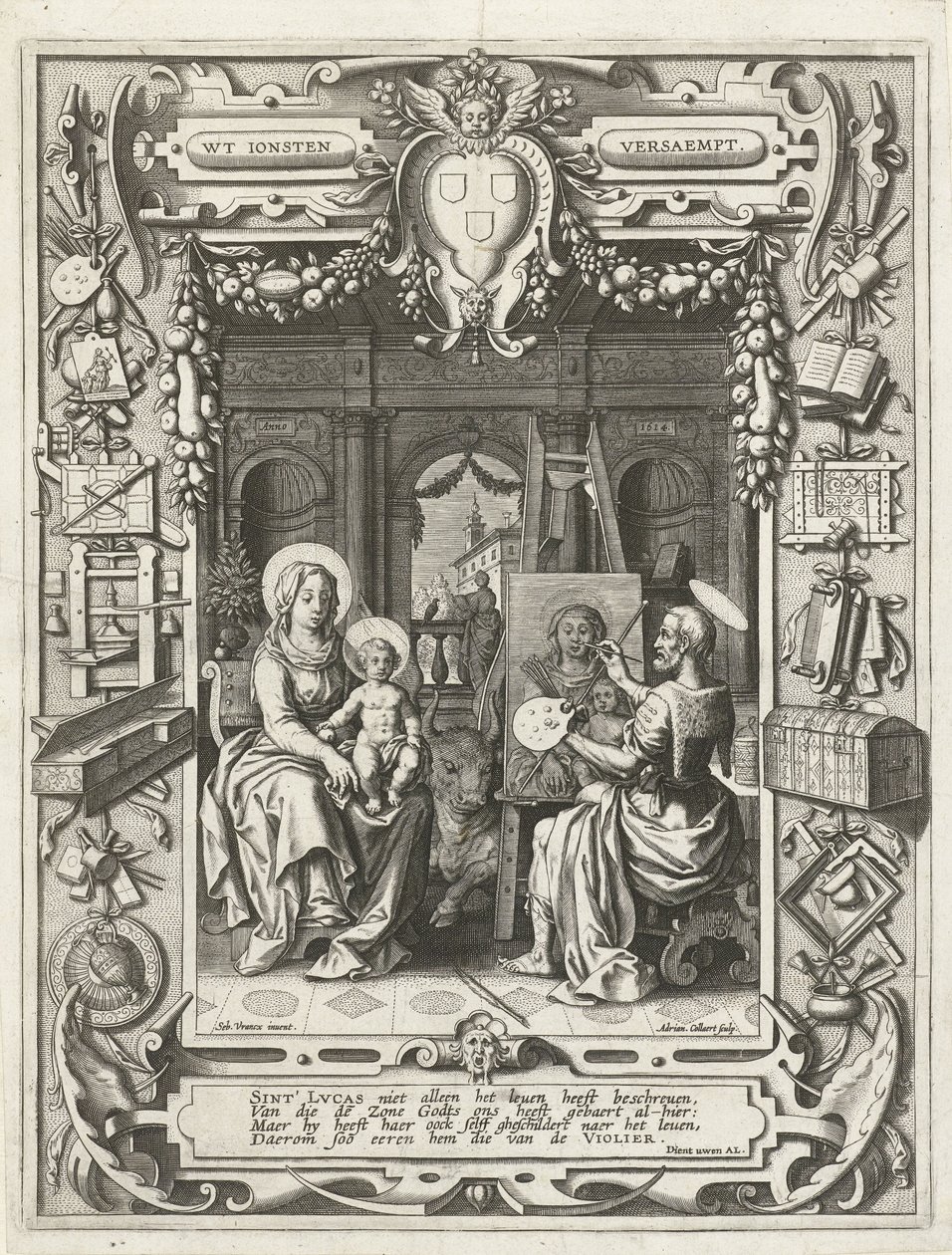 Våbenskjold fra Sankt Lukas Laug med Sankt Lukas maleri Madonna og barn, 1620-21 af Sebastian Vrancx