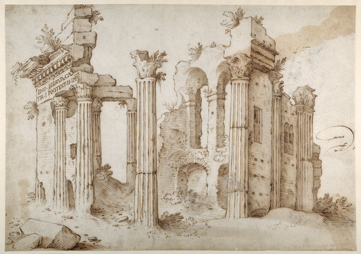 Kolumnerede ruiner af Temple of Minerva, Forum of Nerva, Rom (pen og brunt blæk med vask på papir) af Sebastian Vrancx