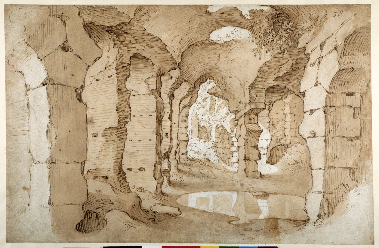 Inde i ruinerne af Colosseum (pen & brunt blæk med brun vask på hvidt papir) af Sebastian Vrancx