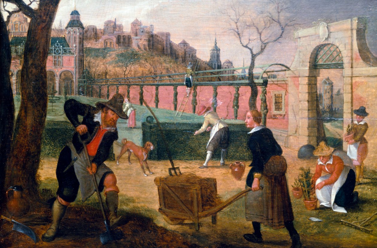 Gartnere arbejder i en formel have i udkanten af en by. Maleri af Sebastian Vrancx (1573-1647). Privat samling. af Sebastian Vrancx
