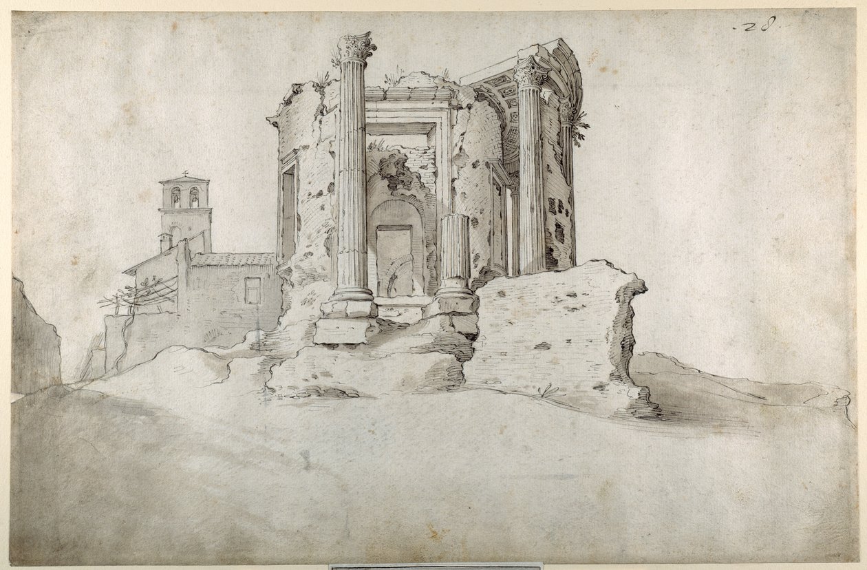 Ruinerne af Temple of the Tiburtine Sibyl i Tivoli (pen & brunt blæk med gråbrun vask på hvidt papir) af Sebastian Vrancx