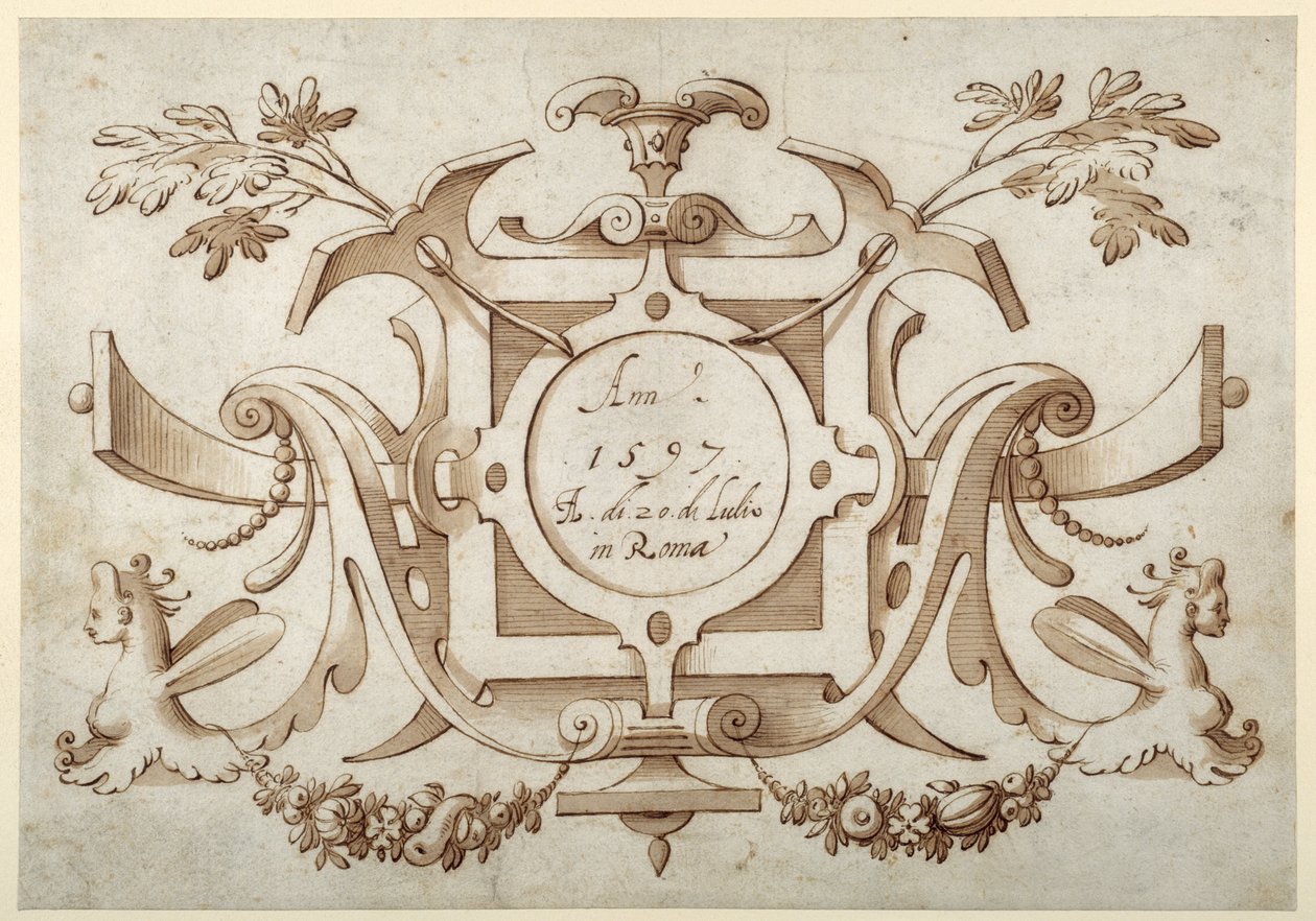 Strapwork cartouche forbundet med sættet af hans romerske synspunkter (pen & brunt blæk med brun vask på papir) af Sebastian Vrancx