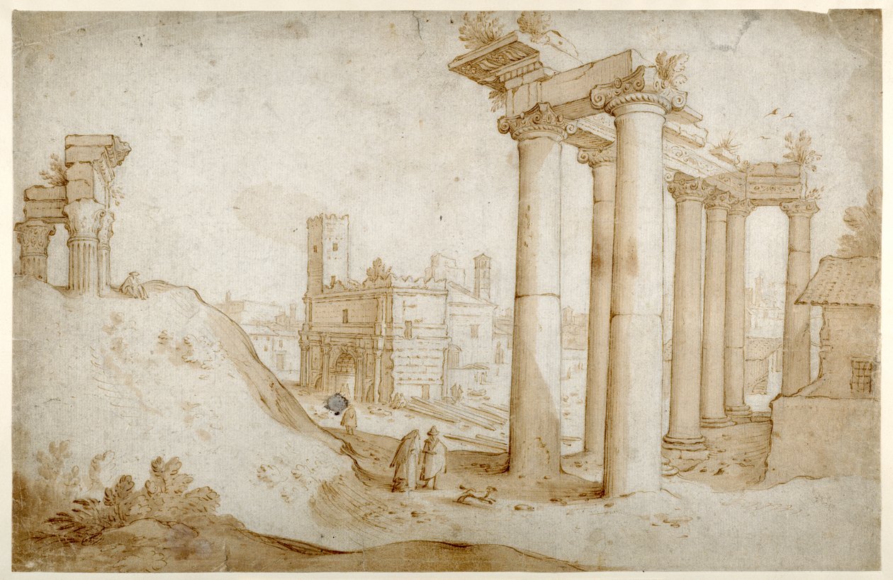 Forum Romanum med Titus- og Vespasian-templet, Saturn-templet og Septimius Severus-buen (pen og brunt blæk med brun vask, på papir) af Sebastian Vrancx