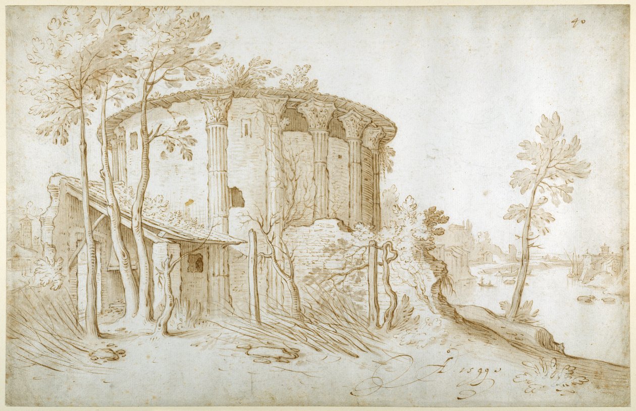 Vesta-templet i Forum Boarium, set fra nord, Tiberen til højre, ca. 1650 (pen & blæk med vask på papir) af Sebastian Vrancx