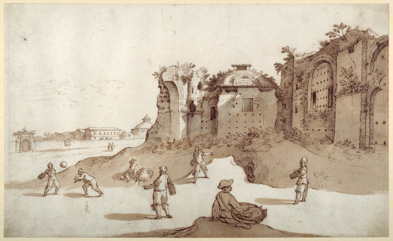 Unge mænd spiller pelota inde i Diocletians bade; S. Bernardino i det fjerne; den lange væg af Bellaiani (pen og brunt blæk med brun vask på papir) af Sebastian Vrancx