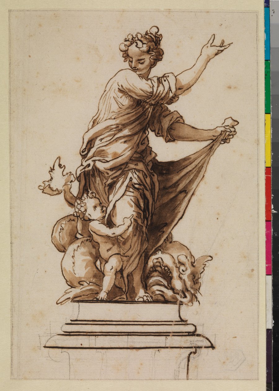 Allegorisk gruppe på en piedestal med kvindeskikkelse, spædbarn og drage, 1600-tallet af Sebastian de Herrera Barnuevo