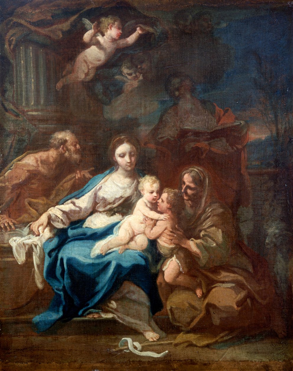 Hellig familie med St. Anne, baptisten og Zacharias af Sebastiano Conca