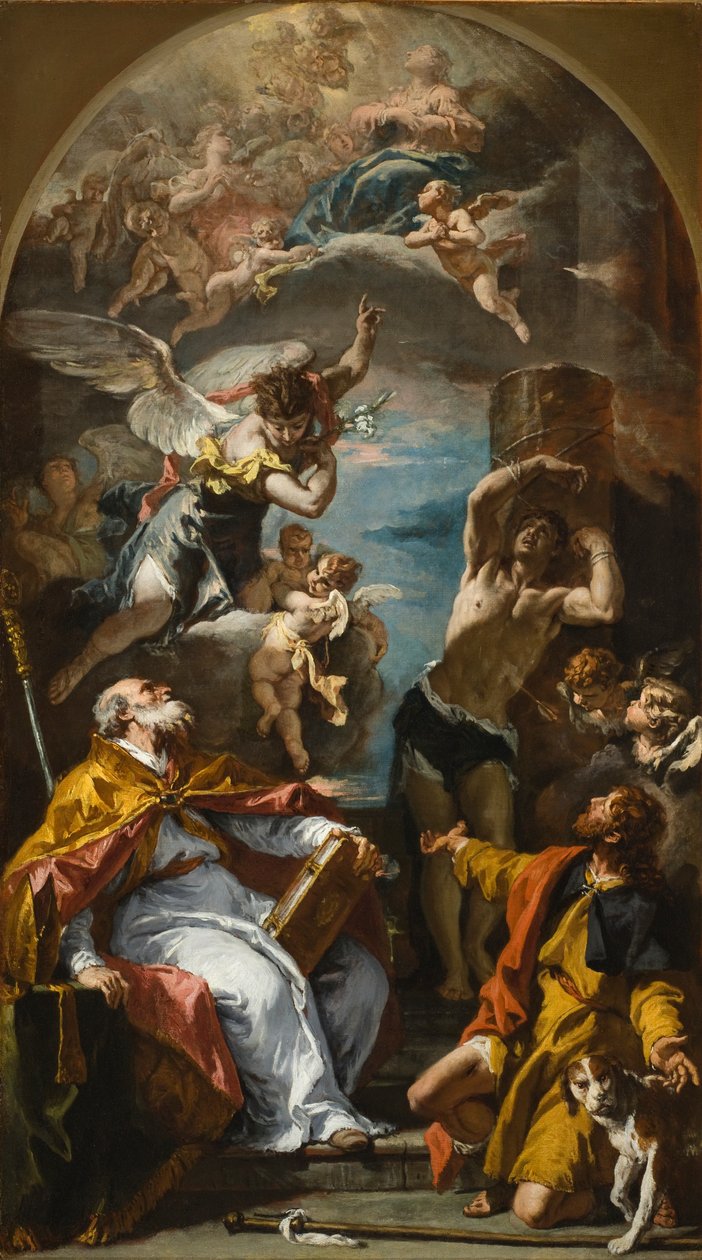 Jomfruens herlighed med ærkeenglen Gabriel og de hellige Eusebius, Roch og Sebastian af Sebastiano Ricci