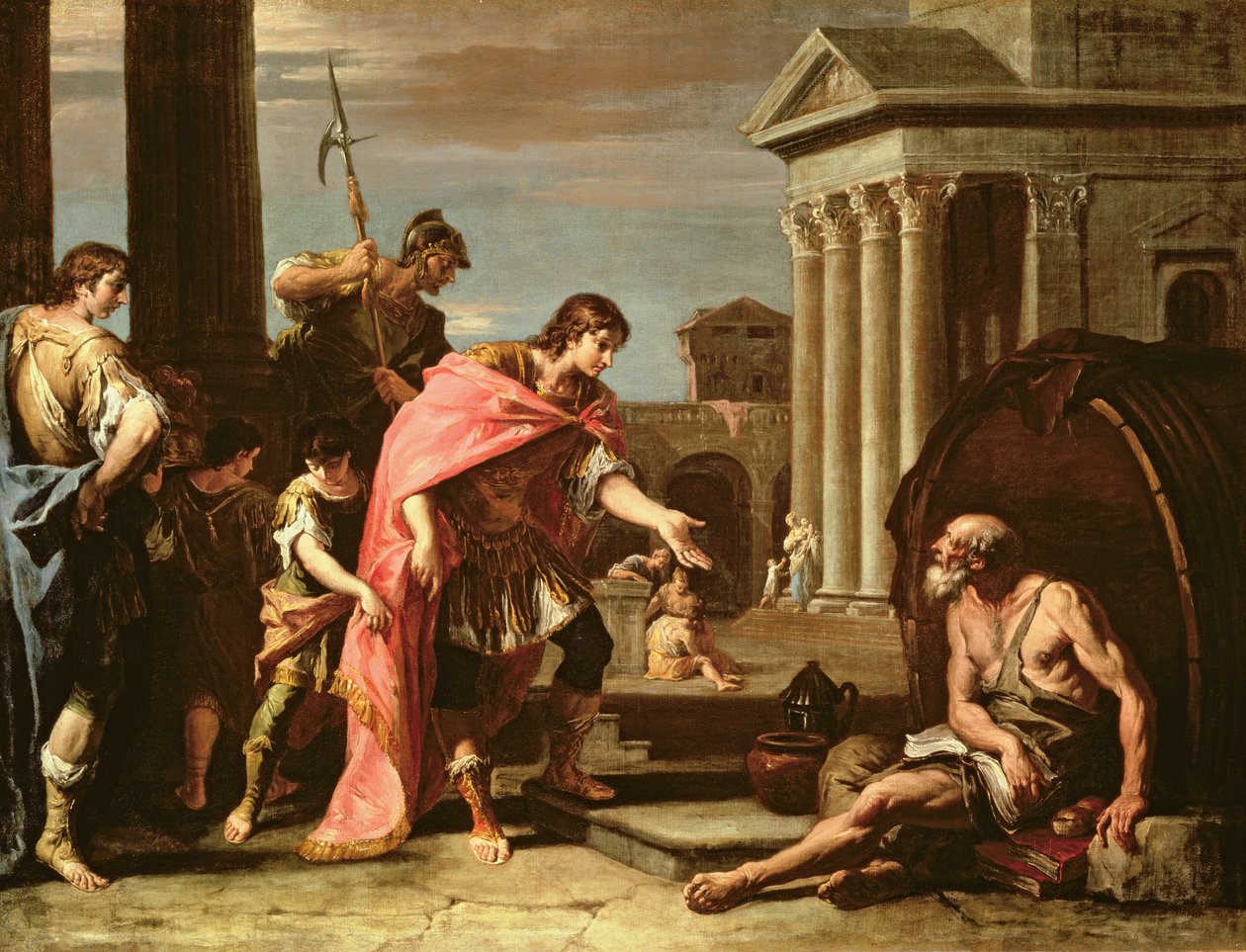 Alexander den Store (356-23 f.Kr.) på besøg hos Diogenes (ca. 410-320 f.Kr.) i Athen af Sebastiano Ricci
