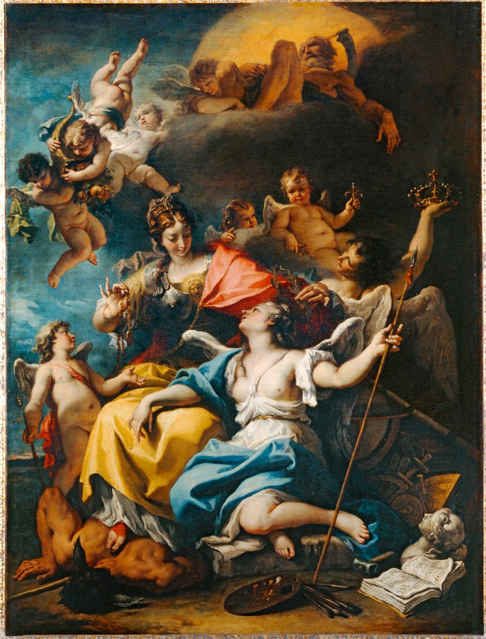 Allegori om Frankrig under Minervas skikkelse, der tramper uvidenheden under fode og kroner dyden ... af Sebastiano (attr. to) Ricci