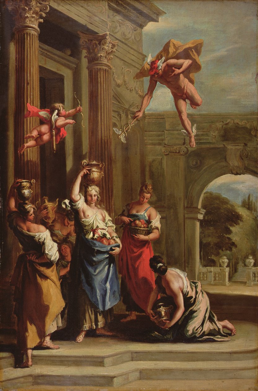 Mercury, Herse og Aglauros (olie på lærred) af Sebastiano (school of) Ricci