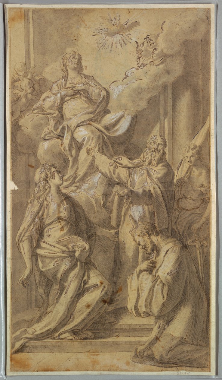 Tegning, Madonna og helgener, ca. 1730 af Sebastiano Conca