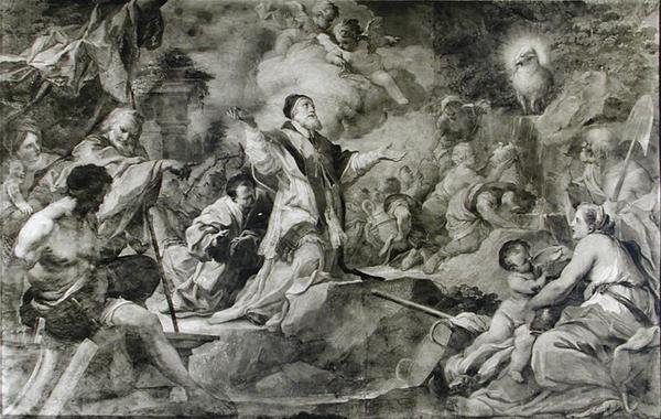 St. Clement, der påkalder Guds Lam for at producere vand fra en klippe på Krim (olie på lærred) (s/h foto) af Sebastiano Conca