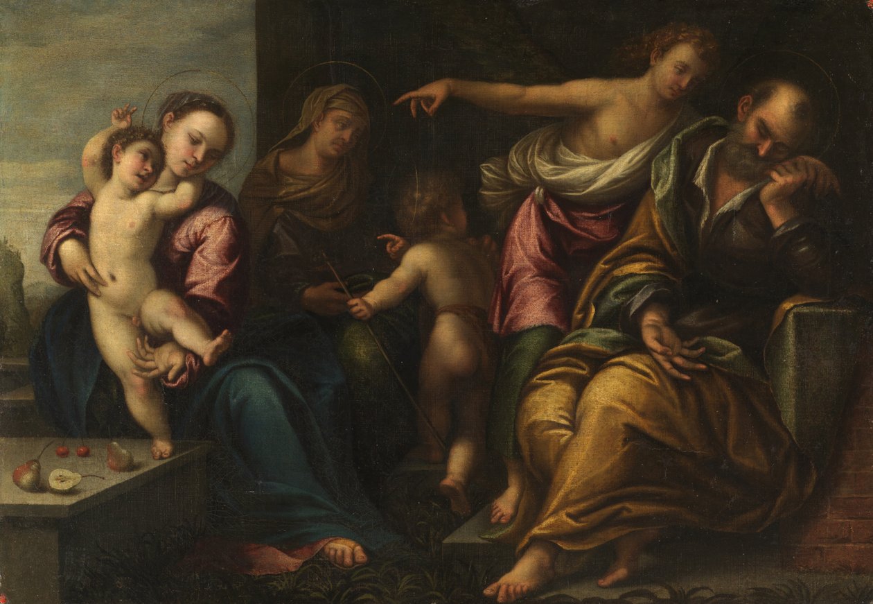 Jomfru og barn med spædbarnet Saint John, Saint Elizabeth og bebudelsen til Joseph, ca. 1540 af Sebastiano Florigerio