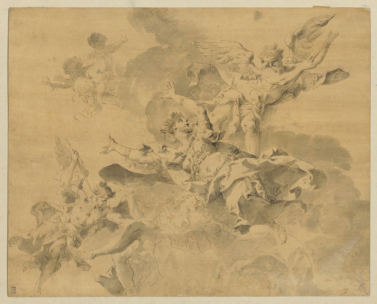 En dronning sendt til helvede af hævnende engle, ca. 1676-1746 (pen, blæk og vask på papir) af Sebastiano Galeotti