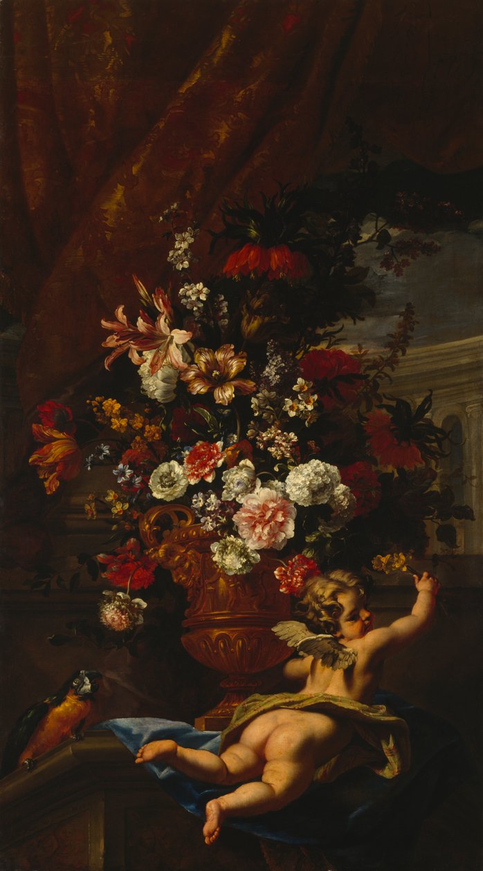Amor og blomster (olie på lærred) af Sebastiano & Monnoyer J B (1636 99) Ricci