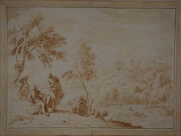 Omfattende pastoralt landskab med Hill-town, ca. 1720 (brun blæk og vask) af Sebastiano Ricci