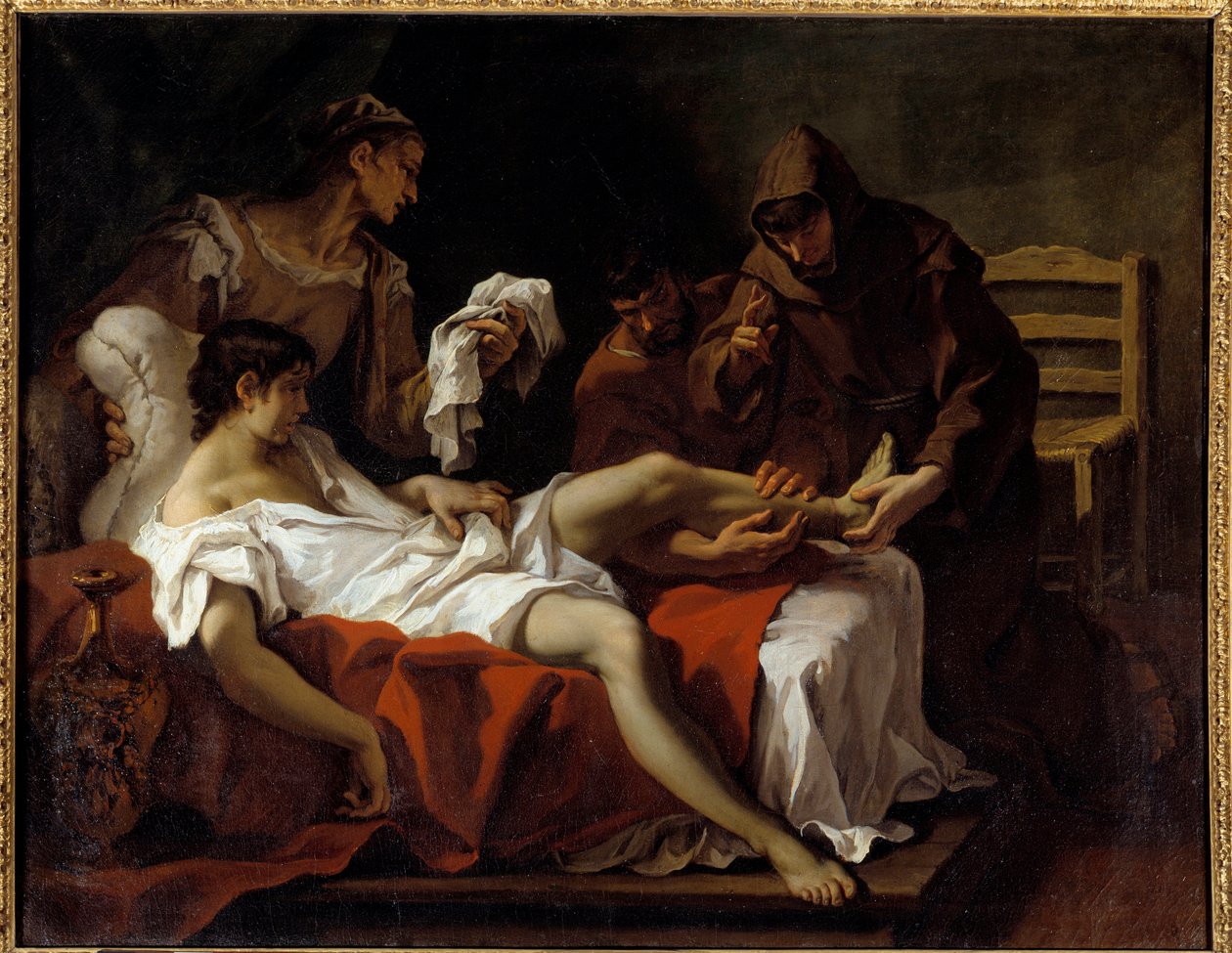 Sankt Antonius af Padova (san antonio di padova) kæmper mod en ung mand, der havde forstærket sin fod for at straffe sig selv for at slå sin mor Maleri af Sebastiano Ricci (1659-1734) af Sebastiano Ricci