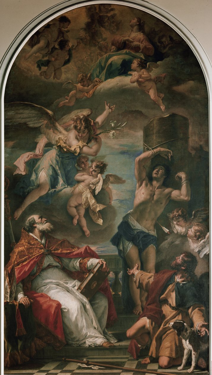Jomfruen i herlighed med ærkeenglen Gabriel, Sankt Eusebius, Sankt Sebastian og Sankt Roch (olie på lærred af Sebastiano Ricci