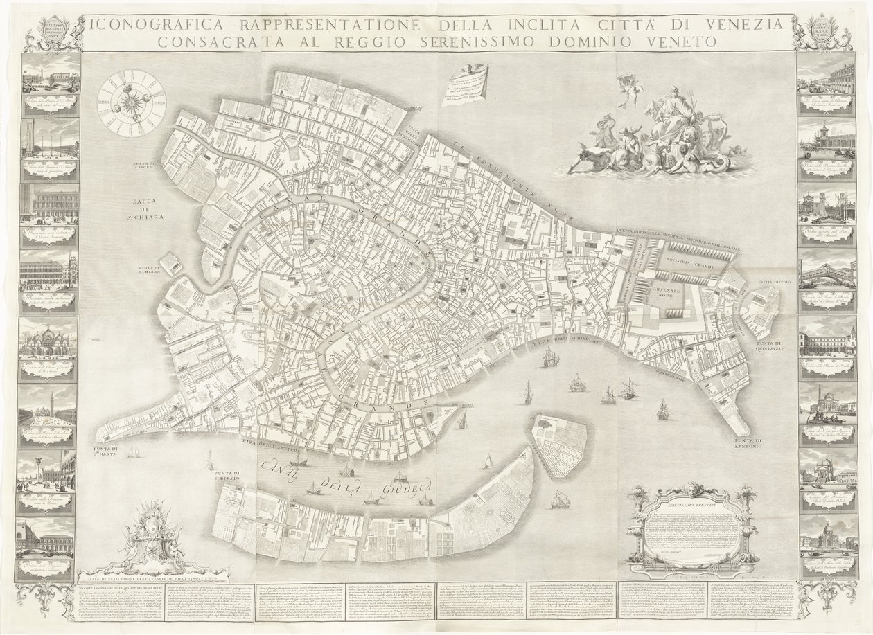 Ikonografisk repræsentation af den berømte by Venedig af Sebastiano Ricci, Lodovico Ughi, Giovanni Antonio Faldoni for the map, with Francesco Zucchi