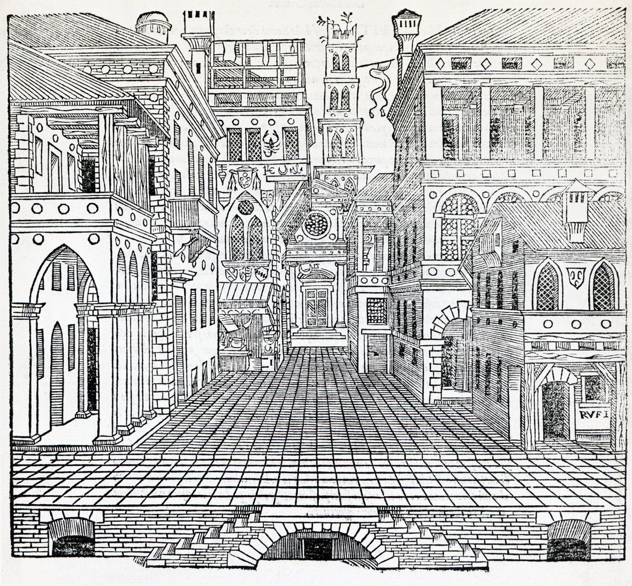 Magisk scene, teatralsk scenedesign af Sebastiano Serlio (1475-1554), illustration fra Treatise on Architecture, Bog II af Sebastiano Serlio