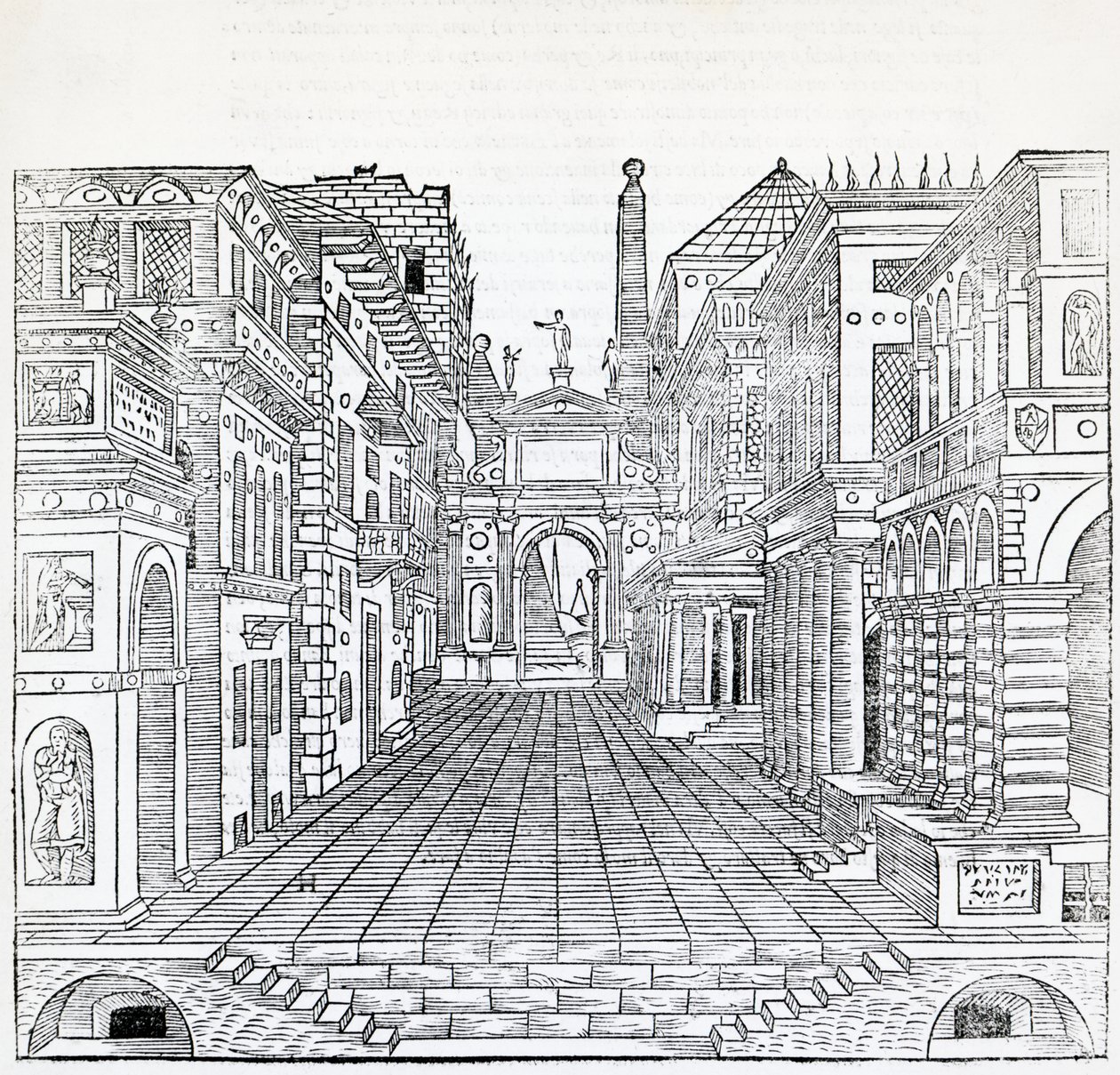 Magisk scene, teatralsk scenedesign af Sebastiano Serlio (1475-1554), illustration fra Treatise on Architecture, Bog II af Sebastiano Serlio