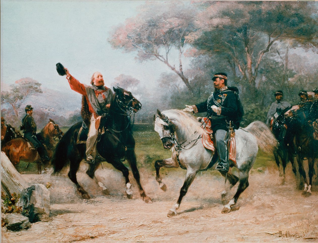 Giuseppe Garibaldi (1807-1882) møder Vittorio Emanuele II (Victor Emmanuel) (Victor-Emmanuel) fra Savoyen til Teano den 26/10/1860 Maleri af Sebastiano De Albertis (1828-1897) 1800-tallets Milano, Museo del Risorgimento af Sebastiano de Albertis