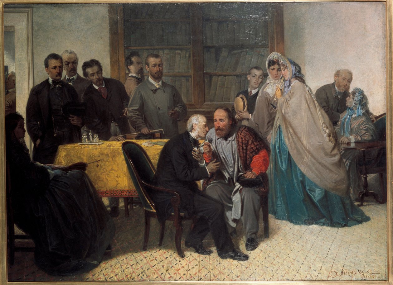 Den italienske patriot Giuseppe Garibaldi møder den italienske forfatter Alessandro Manzoni (olie på lærred af Sebastiano de Albertis