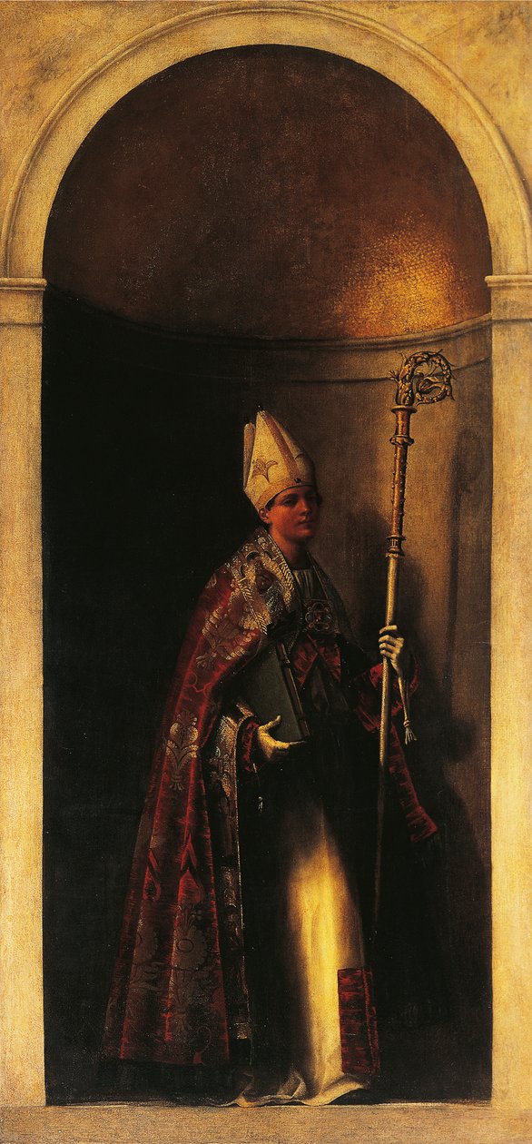 Saint Louis af Toulouse, dekoration fra orgeldør, ca 1509, af Sebastiano del Piombo (ca 1485-1547), olie på lærred, 293x137 cm, San Bartolomeo Kirke, Venedig, Italien af Sebastiano del (c.1485 1547) Piombo