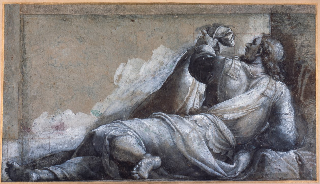 En tilbagelænet apostel (sort kridt med brun vask på carta azzurra) af Sebastiano del (c.1485 1547) Piombo