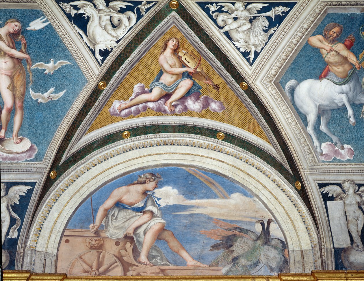 Loggia della Galatea Loggia of the Galatea detalje af hvælvingsdekoration, der forestiller Juno på sin vogn og en violinist, fresko fra 1506 af Sebastiano del Piombo