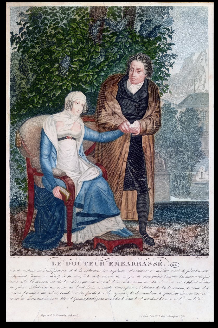 Den flov læge eller læge med en gravid ung pige, begyndelsen af det 19. århundrede (farvet litho) af Sebastien Coeure