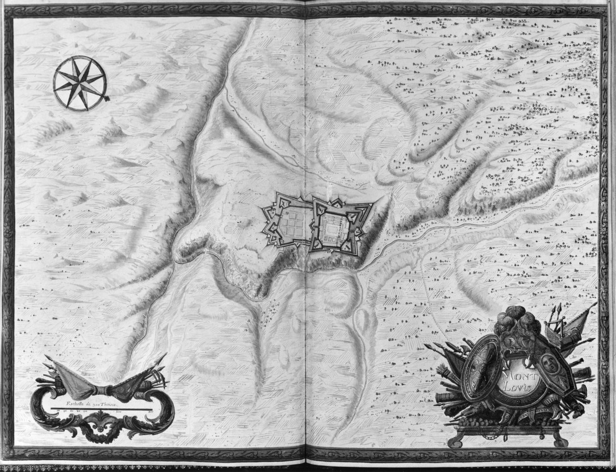 Ms. 986 Atlas 1081 Plan og kort over byen, citadellet og omgivelserne i Mont-Louis, 1665 af Sebastien Le Prestre de Vauban