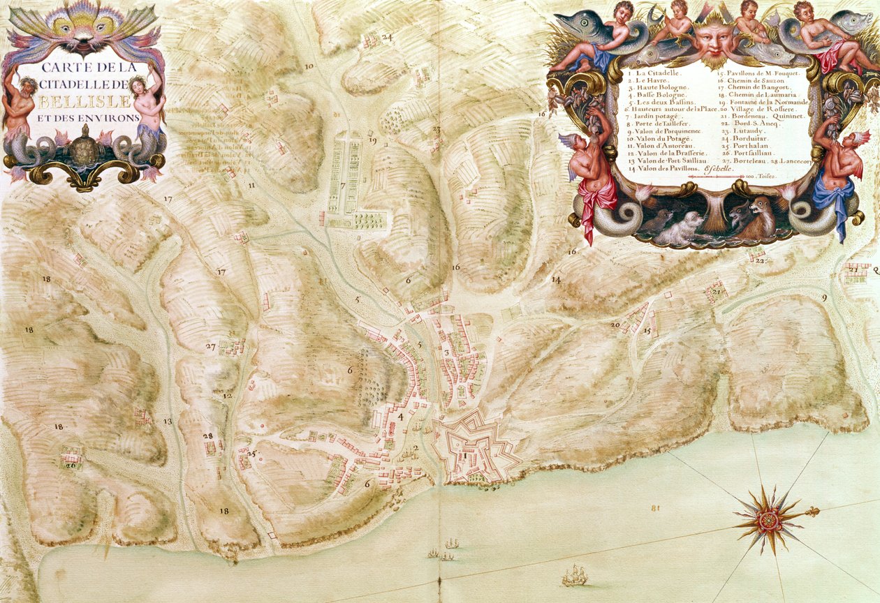 Ms 988 bind 3 fol.33 Kort over byen og citadellet Bellisle, fra "Atlas Louis XIV", 1683-88 af Sebastien Le Prestre de Vauban