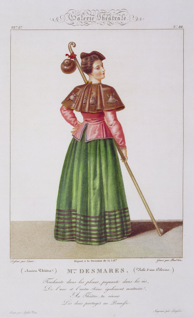 Mademoiselle Desmares i rollen som en pilgrim, tavle 88 fra Theatrical Gallery, indgraveret af Jean Prudhon (f.1778) pub. 1812-34 af Sebastien after Coeure