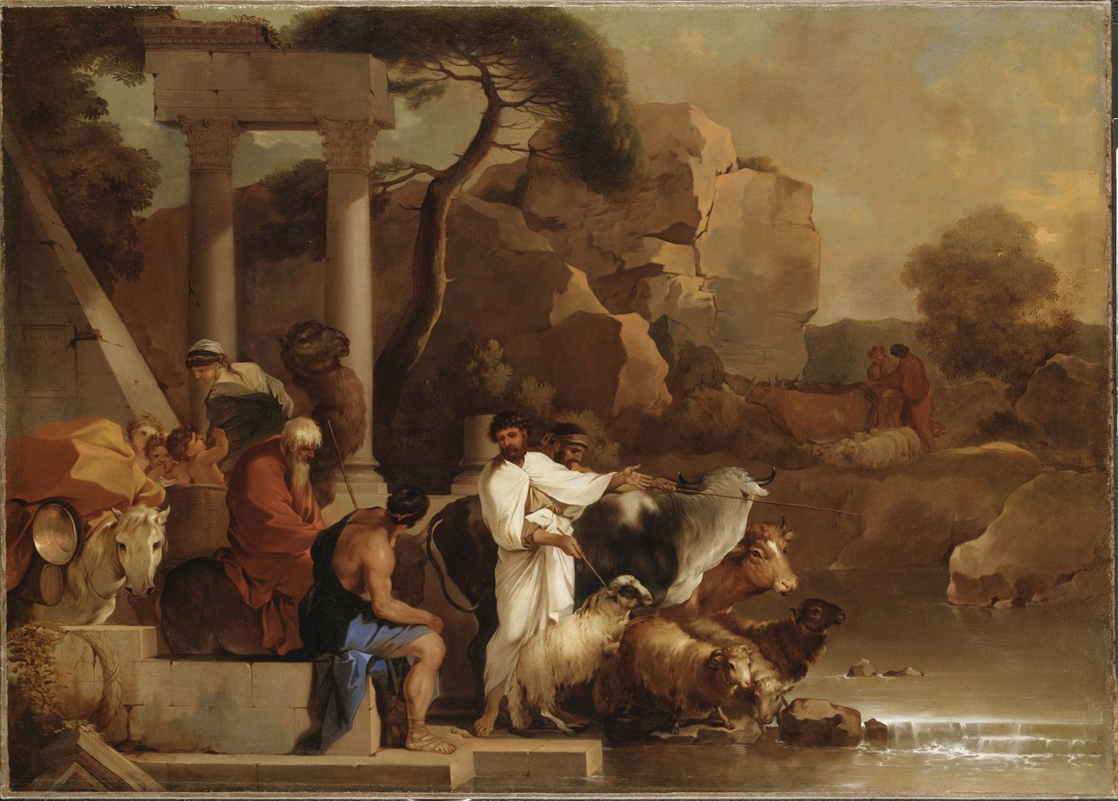 Le depart de Jacob - Jacobs afgang, af Bourdon, Sebastien (1616-1671). Olie på lærred. Mål: 99x138 cm. Nationalmuseum Stockholm af Sébastien Bourdon