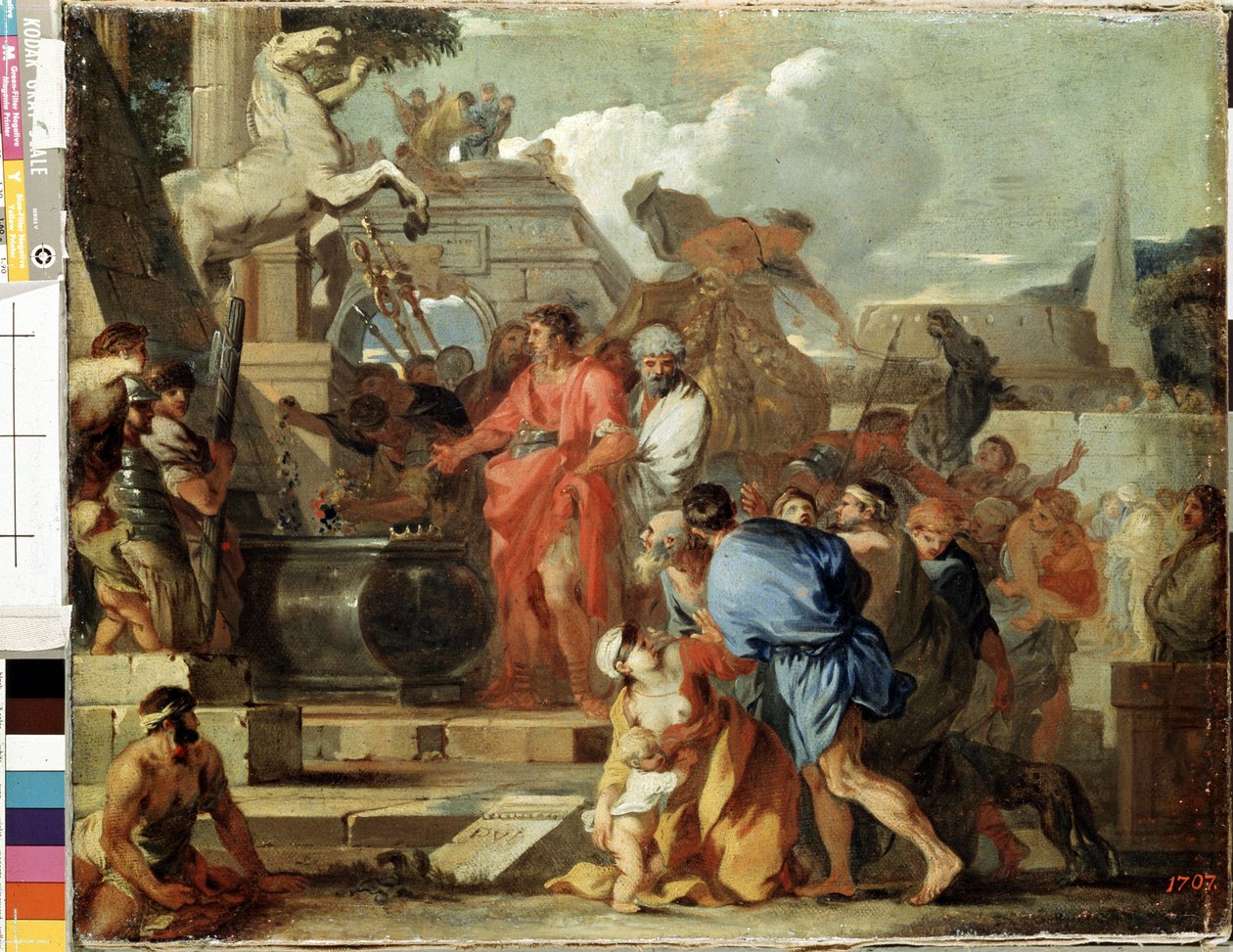 ""Kejser Augustus besøger Alexander den Stores grav under hans egyptiske felttog"" (Augustus før Alexander den Stores grav) Maleri af Sebastien Bourdon (1616-1671) 1650-1660 Søn. 45,5 x56,5 cm Eremitagemuseet, Sankt Petersborg af Sébastien Bourdon