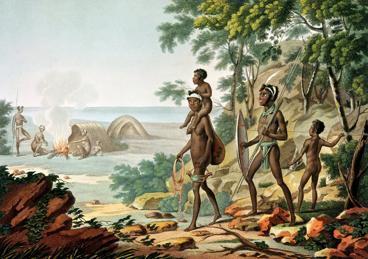 Port Jackson, New Holland: Aboriginal Family, fra "Voyage Autour du Monde sur les Corvettes de L